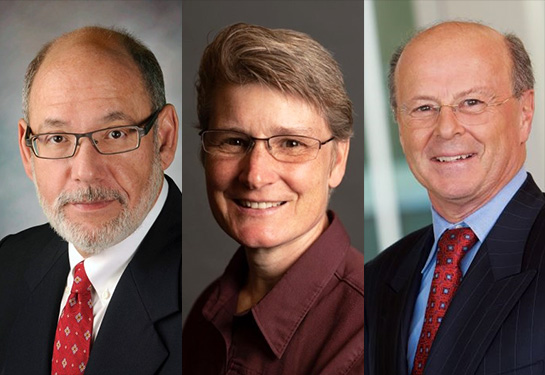 Three vertical studio headshots side by side, everyone wearing business or smart-casual attire.
