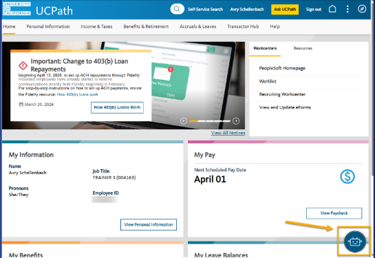 Homepage of UCPath with arrow pointing to PathPal icon in the bottom right corner