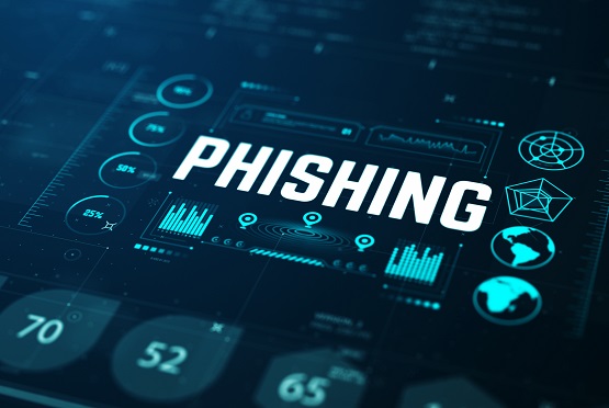 The word phishing is on the graphic surrounded by technical and computer type imagery