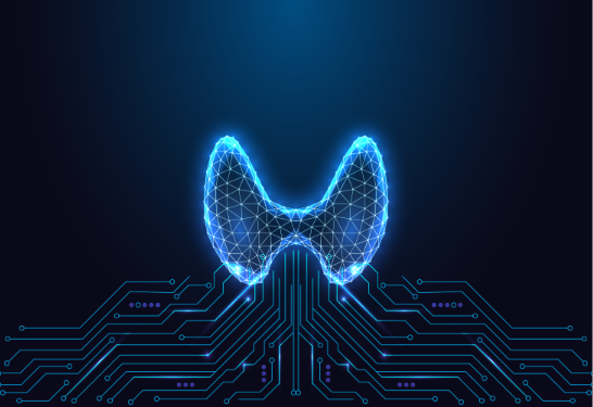 Glowing thyroid gland emerging from circuit-board lines.
