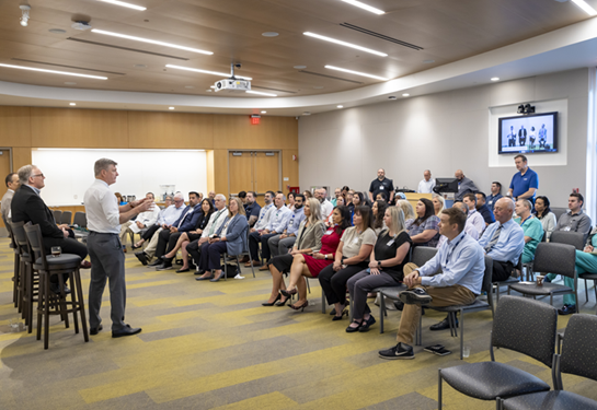 A Town Hall setting.