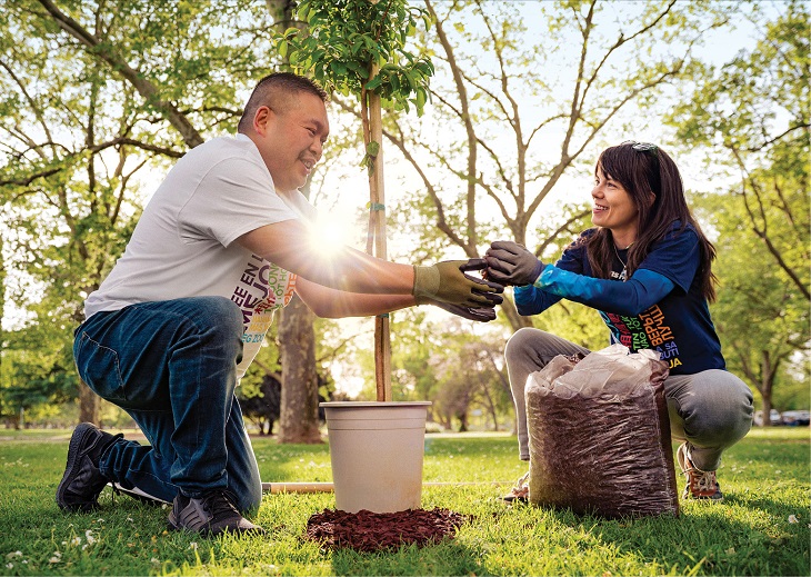 Man hands woman soil for planting