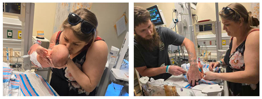 Two photos: From left to right - Woman holds her baby and kisses his head as she lays him down in a hospital bed. Man and woman learn ostomy care for their newborn in the NICU.