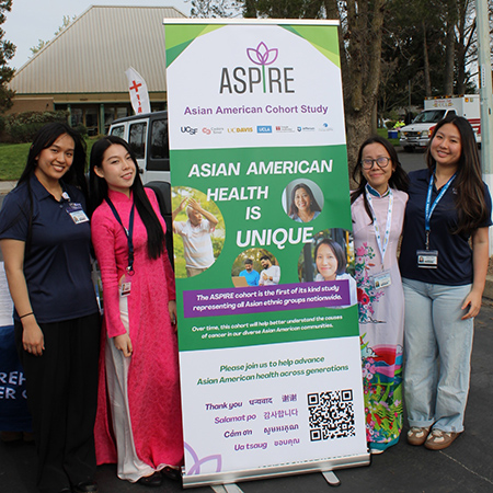 Four women standing next to a vertical banner with a green background that reads &ldquo;ASPIRE Cohort&rdquo; and contain information including a QR code about how to participate.