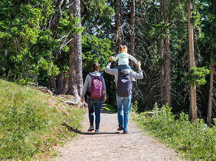Family walking on a trail outdoors with grasses during tick season
