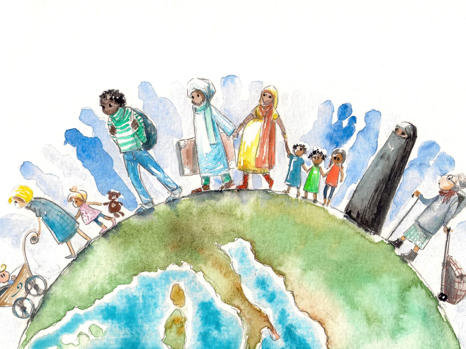 water color of people walking on globe