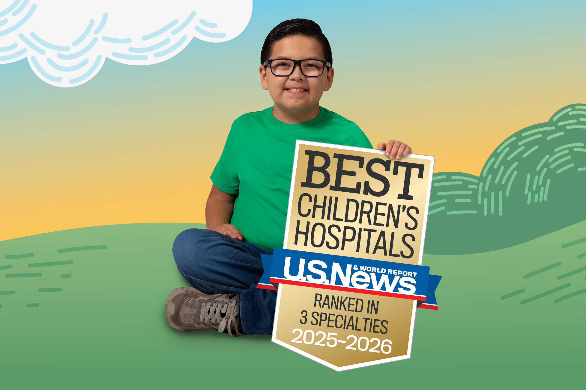 Child holding a U.S. News & World Report Best Children&rsquo;s Hospitals ranked in 3 specialties 2025-2026 badge