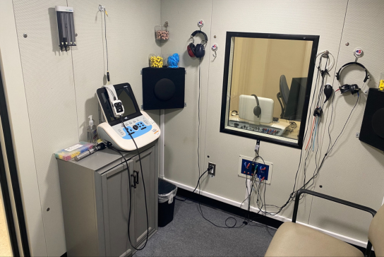 Interior of audio booth at UC Davis Health Natomas Audiology.
