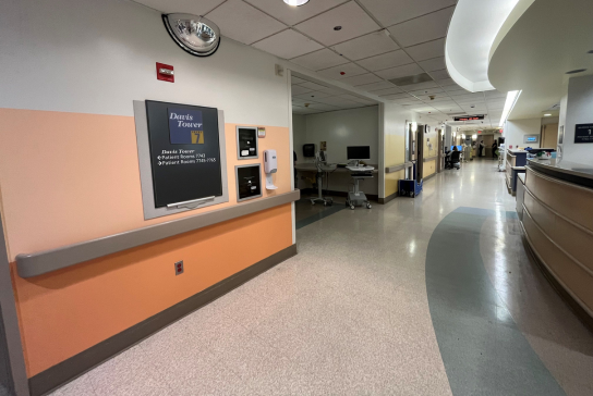 Photo of light orange painted wall of Davis Tower Level 7