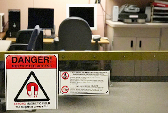 Warning sign and a desk.