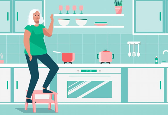 Illustration of a senior citizen on a step stool. 