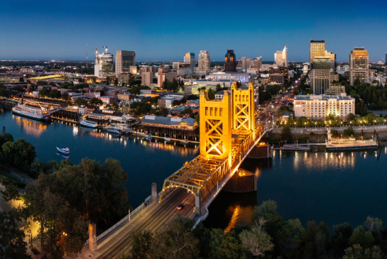 Aerial view of Downtown Sacramento and the Tower Bridge