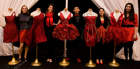 Designers with their dresses, L-R:  Ellen Griesemer, Lucia Carrousel, David Lee, Mary Guillen&nbsp;and&nbsp; Heidi Lo. &copy; UC Regents