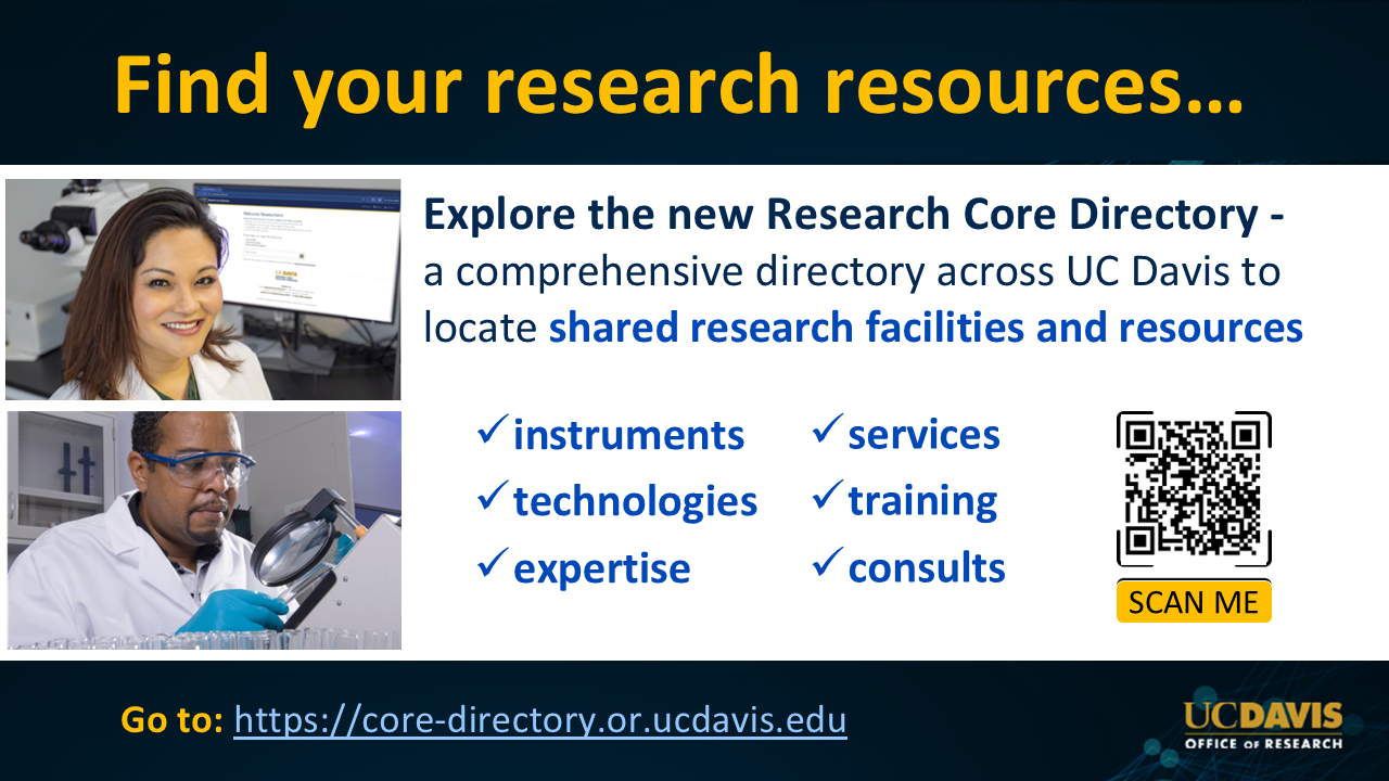 Promotional graphic for UC Davis Research Cores directing readers to access the Research Core directory at core-directory.or.ucdavis.edu