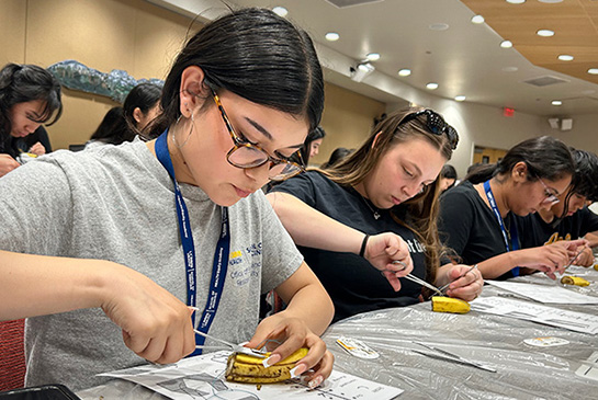 High school student Yasamine Rahmati practices suturing skills