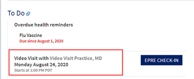 MyUCDavisHealth screenshot for Step 1 showing the To Do screen with a Video Visit appointment module