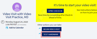 MyUCDavisHealth screenshot for Step 3 showing a video visit pre-screen that includes the Test Hardware button