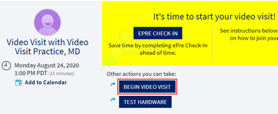 MyUCDavisHealth screenshot for Step 4 showing a video visit pre-screen that includes the Begin Video Visit button