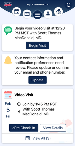 MyUCDavisHealth screenshot for Step 1 showing the ePre Check-In button, next to a calendar icon and date