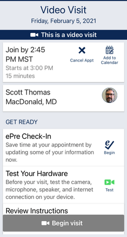 MyUCDavisHealth screenshot for Step 2 showing the video visit screen with a grey Begin Visit button at bottom