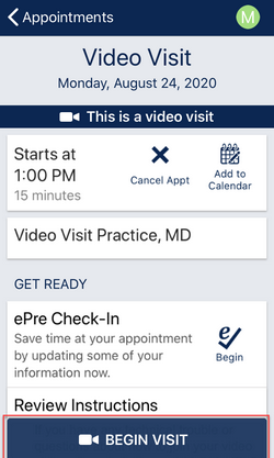 MyUCDavisHealth screenshot for Step 3 showing another video visit screen with a blue Begin Visit button at bottom
