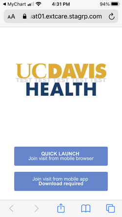 MyUCDavisHealth screenshot for Step 2 showing the Quick Launch - Join visit from mobile browser button