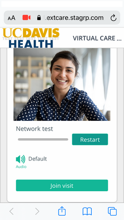 MyUCDavisHealth screenshot for Step 3 showing a Network Test screen with the Join Visit button at bottom