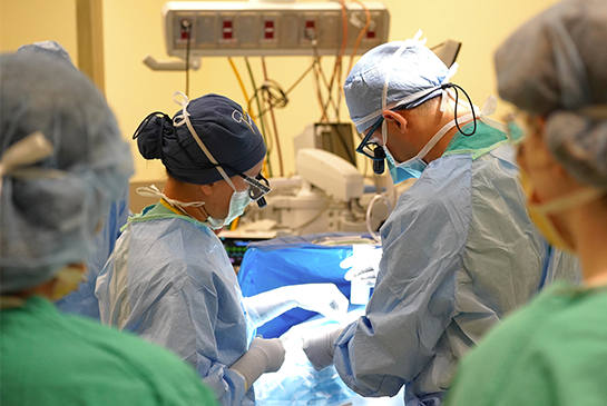 Maritza Taylor, M.D., PGY-3, and Cameron Sadegh, M.D., educate medical students during surgery