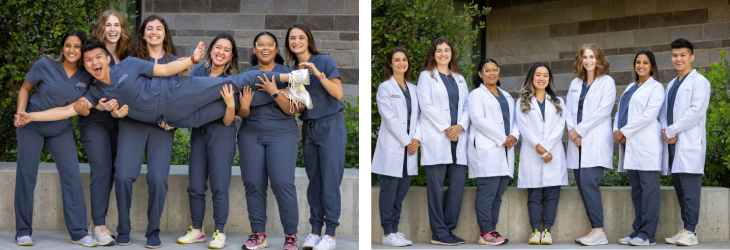 Photo of OB-GYN residents outdoors in blue scrubs and another photo in white coats.