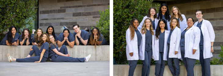 Photo of OB-GYN residents outdoors in blue scrubs and another photo in white coats.