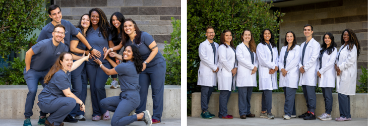 Photo of OB-GYN residents outdoors in blue scrubs and another photo in white coats.