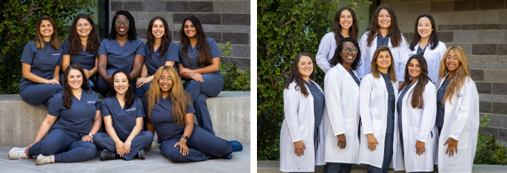 Photo of OB-GYN residents outdoors in blue scrubs and another photo in white coats.