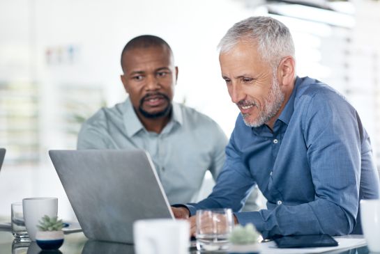 a person sitting at a desk looking at a laptop