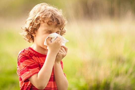 Child in grass field blowing nose.