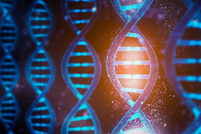 Blue DNA structure with glowing red strand that stands out. 