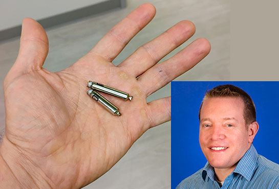 Dual chamber leadless pacemaker in palm of Dan Cortez