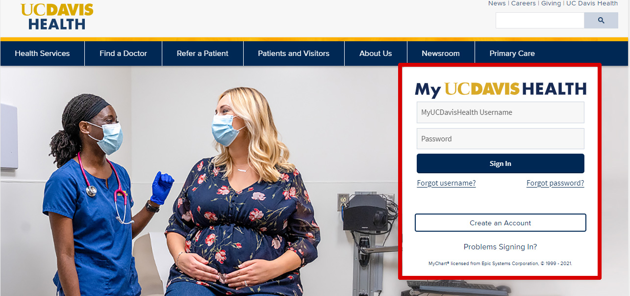 MyUCDavisHealth Web Login Page