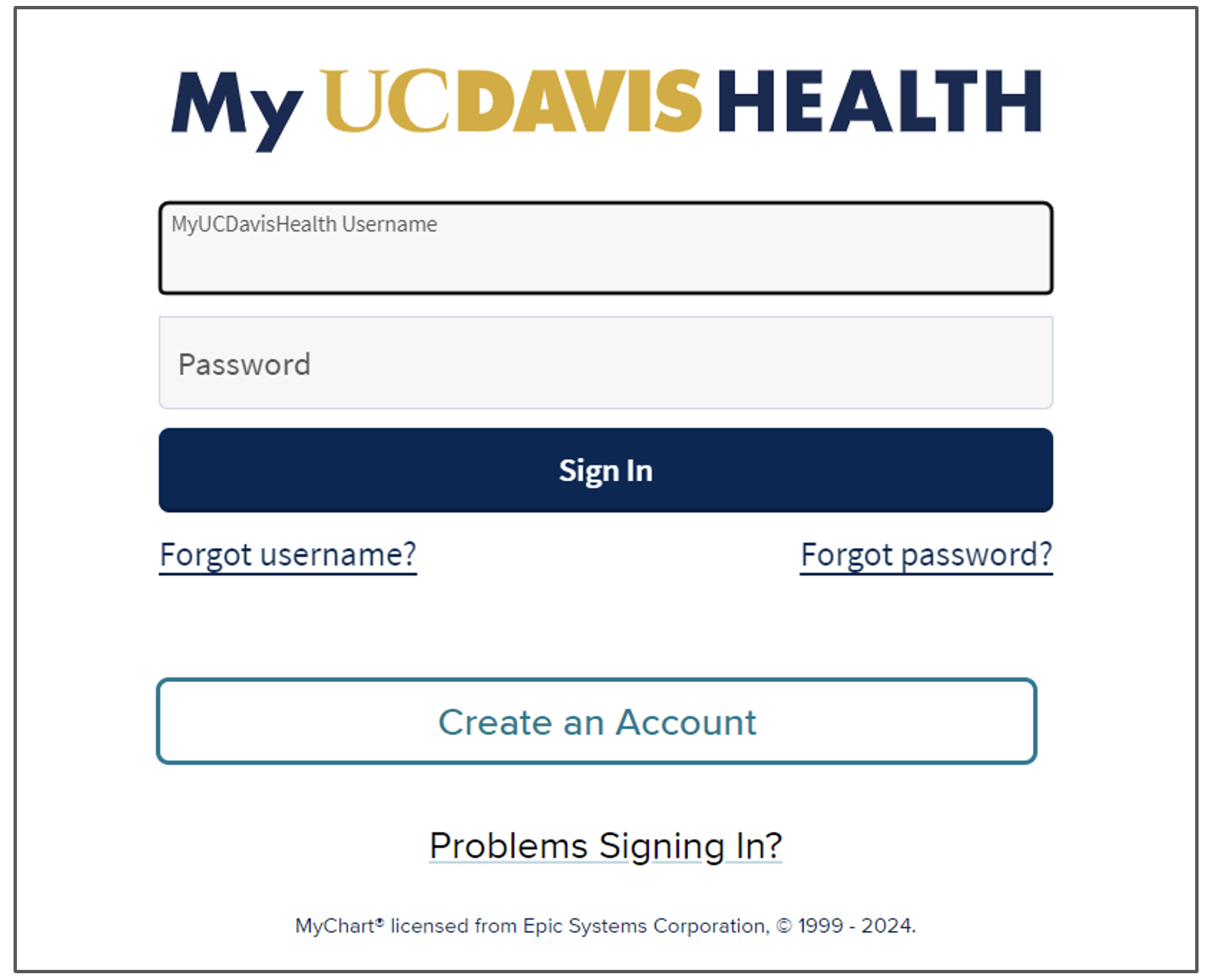 MyUCDavisHealth Web Login Page