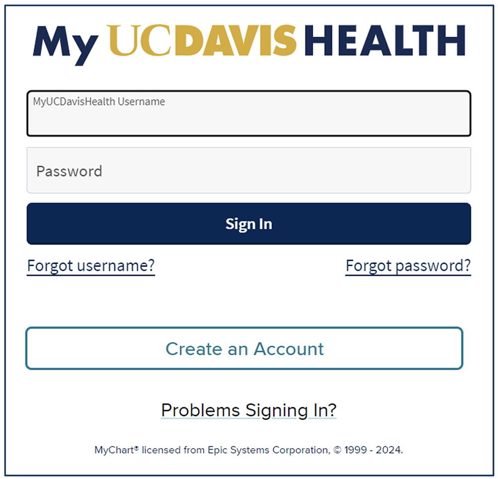 MyUCDavisHealth Web Login Page