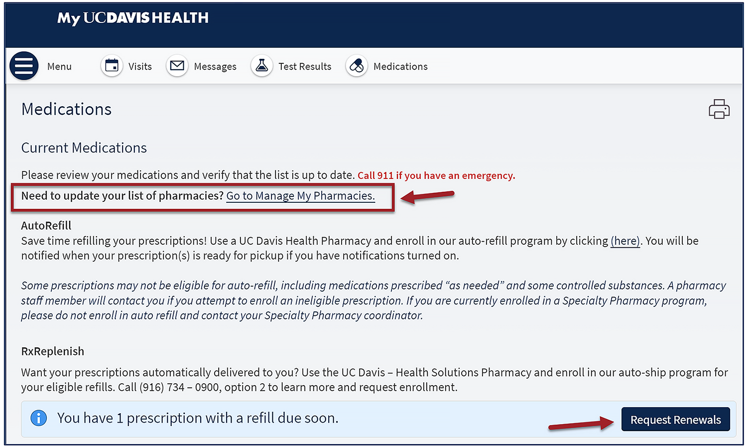 Click Request Renewals in the Medications section.