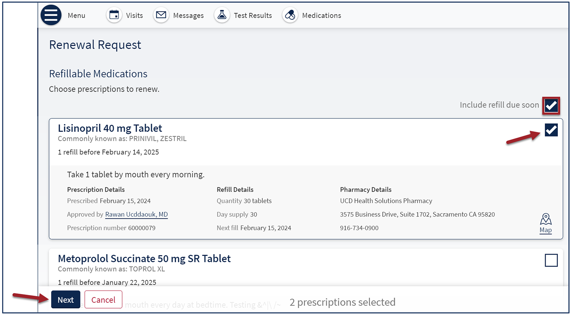 Check the box on the right side to select a medication to renew then click Next