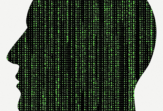 Silhouette of head filled with ascii characters