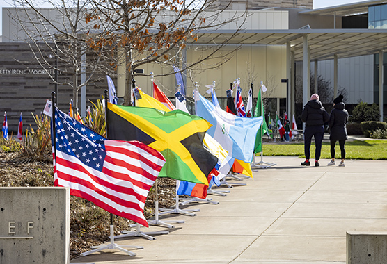 Flags of different countries in front of the Betty Irene Moore Nursing School