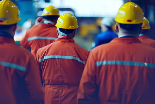 Backside view of a group of workers walking through an industrial site wearing orange coveralls and hard hats.