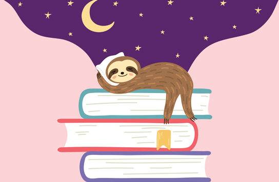 Sleep illustration of a raccoon sleeping on a stack of books