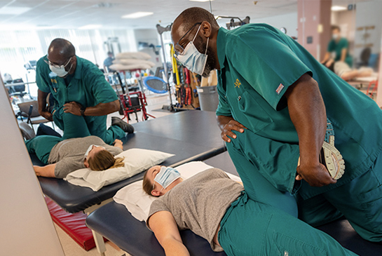 physical therapist helps patient stretch their leg