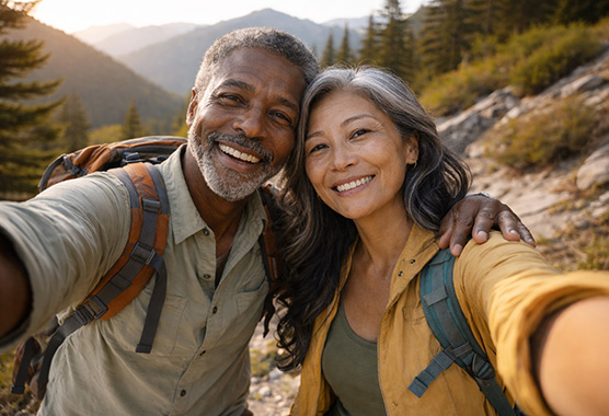 Active couple taking selfie on hike.