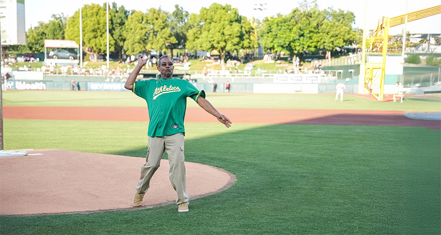 George Evans throws first pitch at A&rsquo;s game against the Astros to help raise awareness about prostate cancer.