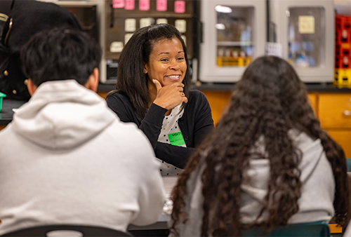 Oncologist Janai Carr-Ascher talks with students at Sheldon High School.
