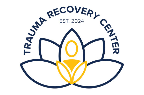 Trauma Recovery Center Logo, Trauma Recovery Center in words, arched across top with flower shape below wtih yellow human figure in center of flower.